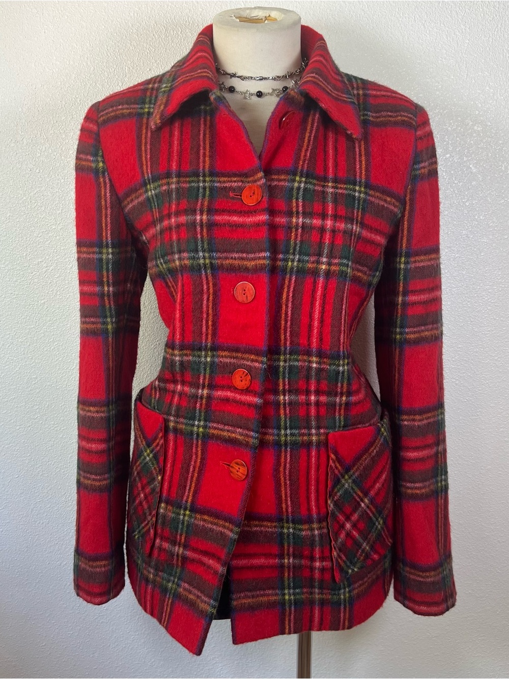 Women’s Red Plaid 100% Wool Button Jacket